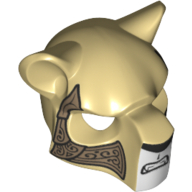 Mask Feline with Black Nose, Bared Teeth and Ornate Gold Armor Plates Print Tan