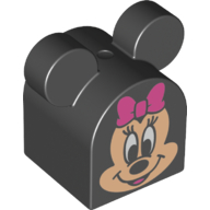 Duplo Stein 2 × 2 × 2 gewölbte Oberseite mit runden Ohren mit Minnie Mouse (bedruckt) in Schwarz