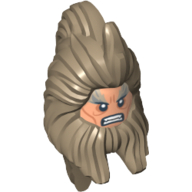Minifig Head Special, Beorn with Beard and Long Hair, Nougat Face with White Pupils and Grimace Print Dark Tan
