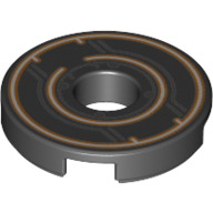 Tile Round 2 × 2 with Hole with Orange Circles, Dark Bluish Gray Circuity print Black