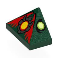 Brick Sloped 45° 2 × 1 Triple with Lime/Yellowish Green Eyes, Dark Bluish Grey/Yellow Medallion, Red Wings print Dark Green