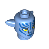 Minifig Head Special Alien Na'vi with Yellow Eyes, Blue Markings, Blue Lips Smile print Medium Blue