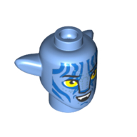Minifig Head Special Alien Na'vi with Yellow Eyes, Blue Markings, Open Mouth Smile, Teeth print Mittelblau