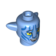 Minifig Head Special Alien Na'vi with Yellow Eyes, Blue Markings, Open Mouth Smile print Medium Blue