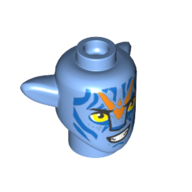 Minifig Head Special Alien Na'vi with Yellow Eyes, Blue/Orange Markings, Angry print Medium Blue