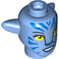 Minifig Head Special, Na'vi with Yellow Eyes, Blue Markings, Smile print Mittelblau