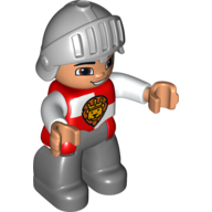 Duplo Figure with Knight Helmet, with Dark Bluish Gray Legs, Red and White Chest with Lion on Shield Red