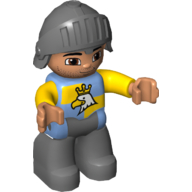 Duplo Figure with Knight Helmet, with Dark Bluish Gray Legs, Blue and Yellow Chest with Crowned Eagle Medium Blue