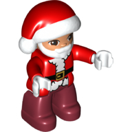 Duplo Figure with Santa Hat and Beard White, Dark Red Legs, Jacket with White Trim and Belt with Buckle Print (Santa) Red