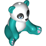 Animal, Panda Sitting with White Head and Belly and Blue Eyes, Pink Hearts Print in Dark Turquoise