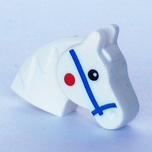 Animal Body Part, Horse Head (Toy Horse) with Blue Reigns, Red Spot, Black Eyes print White