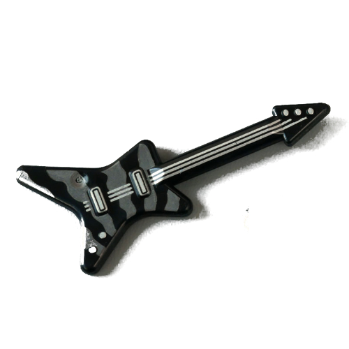 Musikinstrument Gitarre elektrisch 'ML'-Typ mit Schlagbrett und silbernen Saiten und Reglern, graue Verzierungen (bedruckt) in Schwarz