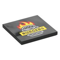 Tile 4 × 4 with 'BURGERS' on Yellow Field, Burger, Red and Yellow Flames print Schwarz