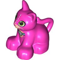 Duplo Animal Cat / Kitten Sitting, Lime Eyes, White Stitch Lines and Whiskers, Collar with Paw Print Tag Print Dunkelrosa