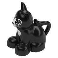 Duplo Animal Cat / Kitten Sitting with Black Eyes and Whiskers and White Chest and Nose Print