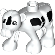 Duplo Animal Cow Baby (Calf) Front Leg Forward with Black Spots, Rectangle Eyes Print Weiß