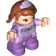 Duplo Figure Child, Hair with Bangs Dark Orange and Lavender Diadem, Medium Lavender Legs, Necklace over Lavender Top (Princess Sofia) Lavender