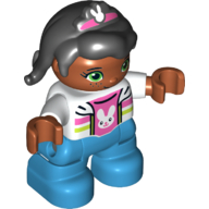 Duplo Figure Child, Hair with Bangs Black and Dark Pink Hairclip with Rabbit Decoration, White Top with Dark Pink and Lime Stripes over Dark Pink Shirt with Rabbit Print Weiß