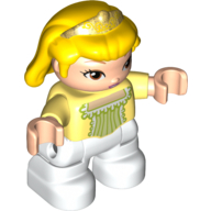 Duplo Figure Child, Hair with Bangs Yellow, Pearl Gold Crown Print, White Legs (Princess Amber) Leuchtendes Hellgelb