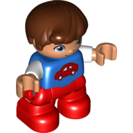 Duplo Figure Child, Hair Combed Forward with Curl Reddish Brown, Red Legs, White Sleeves and Red Car Print Blue