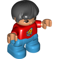 Duplo Figure Child, Hair Combed Forward with Curl Black, Red Top with Rocket Ship Print - Nougat Face and Hands - Dark Azure Legs Rot