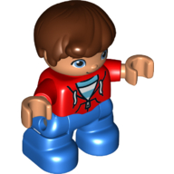 Duplo Figure Child, Hair Combed Forward with Curl Reddish Brown, Red Top with White and Medium Azure Undershirt, Zipper and Cords Print, Nougat Face and Hands, Blue Legs Rot
