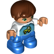 Duplo Figure Child, Hair Combed Forward with Curl Reddish Brown, White Top with Tractor Print - Nougat Face and Hands - Blue Legs White