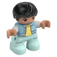 Duplo Figure Child, Hair Combed Forward with Curl Black, Light Aqua Legs, Bright Light Yellow Under Shirt, Jacket Print Mittelazur