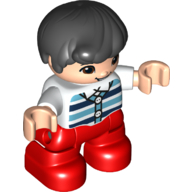 Duplo Figure Child, Hair Combed Forward with Curl Black, Dark Blue and Azure Striped Shirt, Red Legs Weiß
