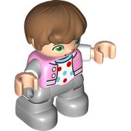 Duplo Figure Child, Hair Combed Forward with Curl Medium Nougat, Light Bluish Gray Legs, Bright Pink Jacket Print Leuchtrosa