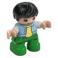 Duplo Figure Child, Hair Combed Forward with Curl Black, Bright Green Legs, Bright Light Yellow Under Shirt, Jacket, Hearing Aids Print Hellgrün