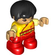 Duplo Figure Child, Hair Combed Forward with Curl Black, Red Legs, Robe with Red Flower, Warm Tan Face and Hands Yellow