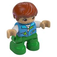 Duplo Figure Child, Hair Combed Forward with Curl Dark Orange, Bright Green Legs, Jacket with Pockets and Zipper Print Dunkelazur