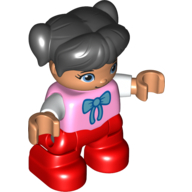 Duplo Figure Child with Ponytails and Bangs Black, with Red Legs, Nougat Face and Hands, Bow Print Leuchtrosa