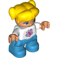 Duplo Figure Child with Ponytails and Bangs Yellow, Dark Azure Legs, Pink Butterfly Print Weiß