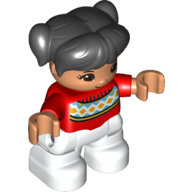 Duplo Figure Child with Ponytails and Bangs Black, with Red Sweater with a line of Orange Diamonds on White Diamonds - Nougat Face and Hands - White Legs Rot