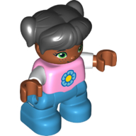 Duplo Figure Child with Ponytails and Bangs Black, with Top with White Sleeves and Yellow and Dark Azure Flower Print - Medium Nougat Face and Arms - Dark Azure Legs Bright Pink