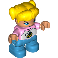 Duplo Figure Child with Ponytails and Bangs Yellow, with Dark Azure Legs, White and Pink Top with Bee Print Bright Pink