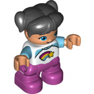 Duplo Figure Child with Ponytails and Bangs Black, with Dark Pink Legs, White and Medium Azure Top with Shooting Star Print White