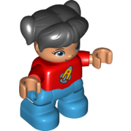 Duplo Figure Child with Ponytails and Bangs Black, Red Top with Rocket Ship Print - Nougat Face and Hands - Dark Azure Legs Red