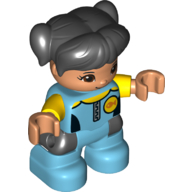 Duplo Figure Child with Ponytails and Bangs Black, with Dark Azure Legs, Yellow Arms, Wetsuit Print Mittelazur