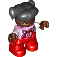 Duplo Figure Child with Ponytails and Bangs Black, with Red Legs, Red Dungarees with Flower Print Bright Pink