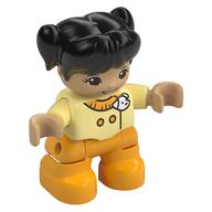 Duplo Figure Child with Ponytails and Bangs Black, Bright Light Orange Legs, Jacket with White Badge Print Leuchtendes Hellgelb