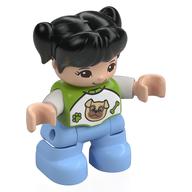 Duplo Figure Child with Ponytails and Bangs Black, with Top with White Sleeves, Bright Light Blue Legs Lime