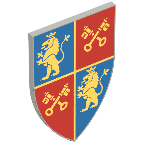 Shield Triangular Long with Gold Lion and Crossed Keys on Red and Blue Field print Hellblaugrau