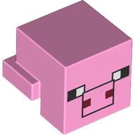 Minifig Head Special, Cube with Rear Ledge, Pixelated Black, White and Dark Red Face, Black Snout Outline Print (Pig) Bright Pink