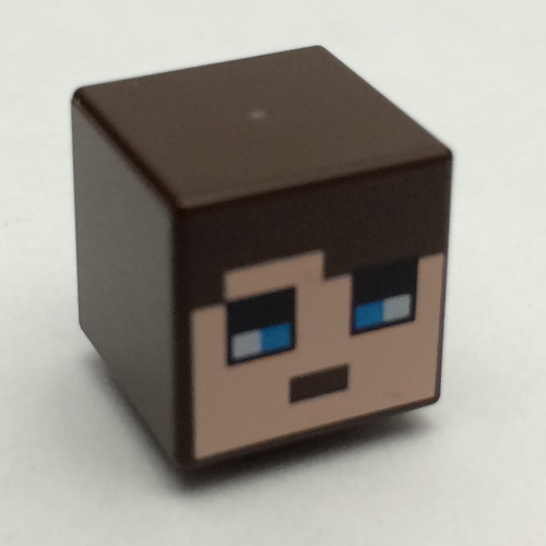 Minifig Head Special, Cube with Pixelated Face with Dark Brown Hair and Blue Eyes Print Dark Brown