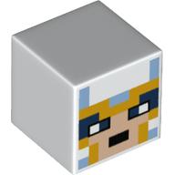 Minifig Head Special, Cube with Pixelated Yellow and Bright Light Blue Sqaures, Dark Blue Eyes Print Weiß