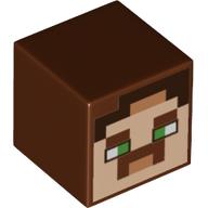 Minifig Head Special, Cube with Pixelated Face, Green Eyes, Reddish Brown Moustache Print Reddish Brown