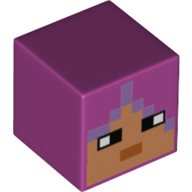 Minifig Head Special, Cube with Pixelated Medium Nougat Face, Lavender Hair Print Magenta